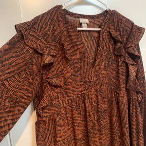 Navy & Rust Colored Ruffle Detailed Dress